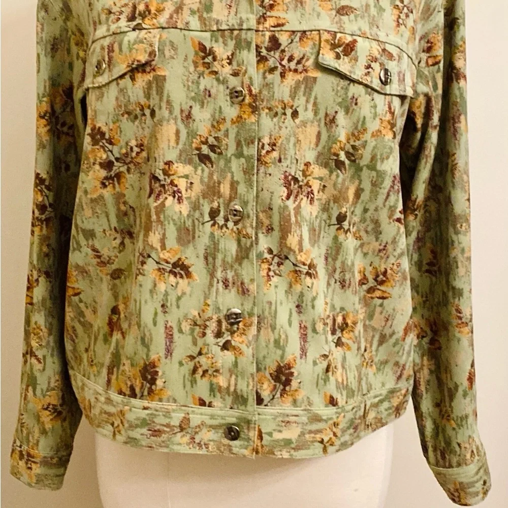 Christopher & Banks Stretch Green Brown Leaf L Cottagecore Grandma Chic Jacket